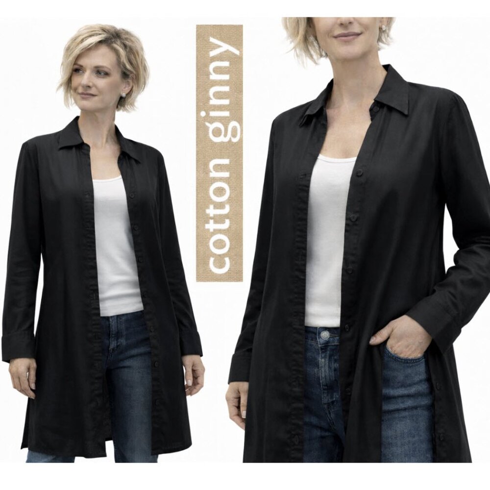 Cotton Ginny Black Linen Blend Button Down Duster Jacket Lightweight Medium